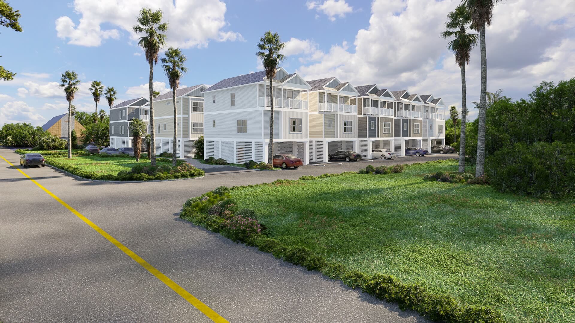 Row of raised beach homes at Landing at 25 with palm trees and covered parking