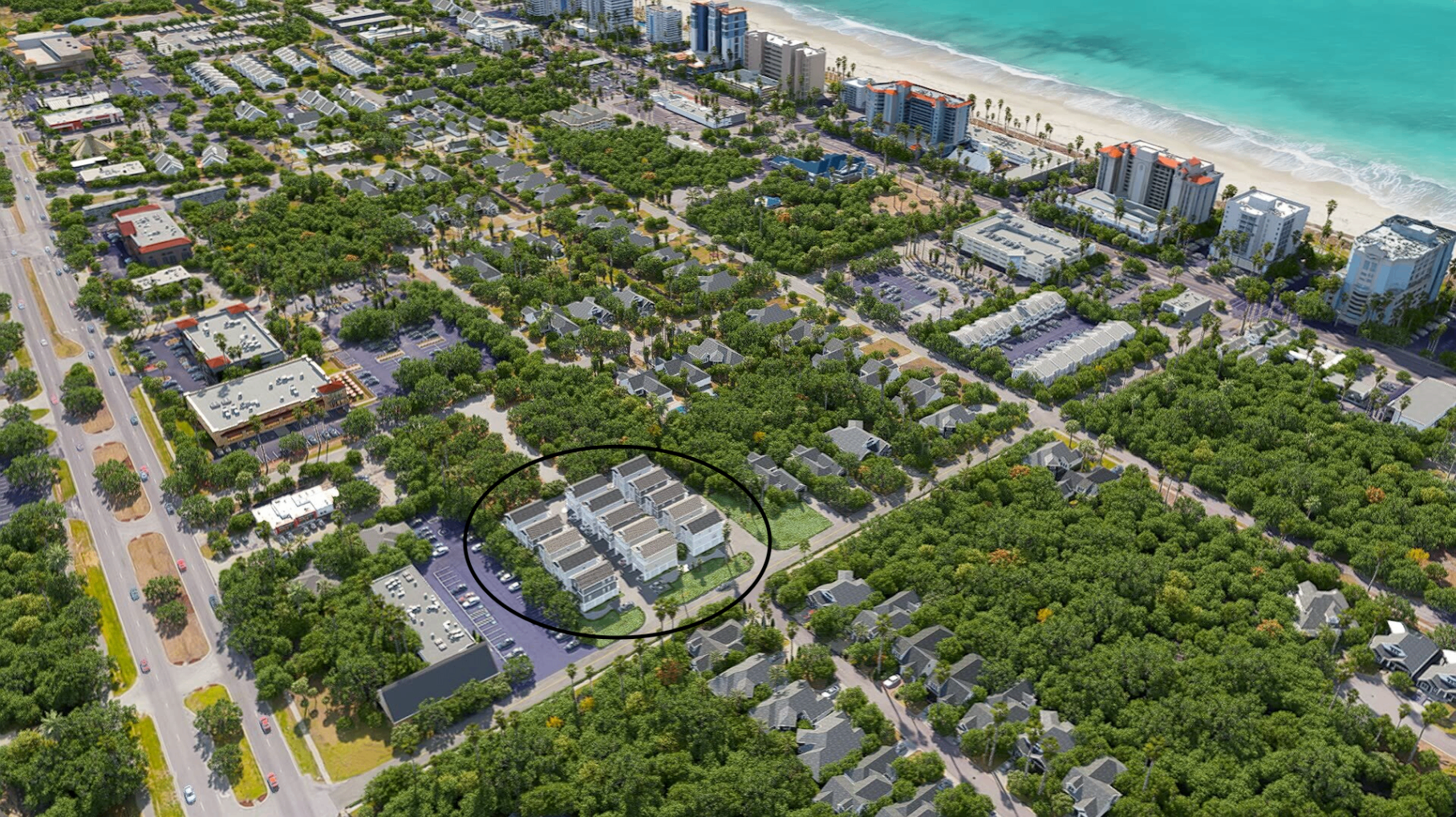 Aerial view of the community two minutes from the Atlantic Ocean