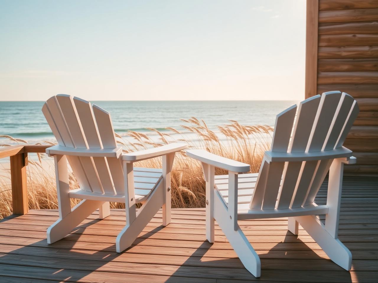 Two white Adirondack chairs on a deck overlooking the ocean